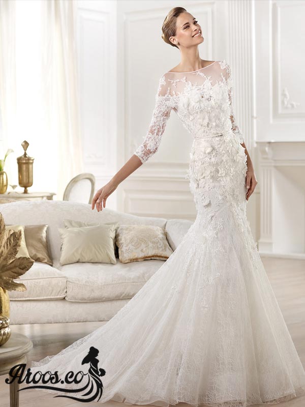 مدل لباس عروس آستین دار دانتل و سنگ دوزی